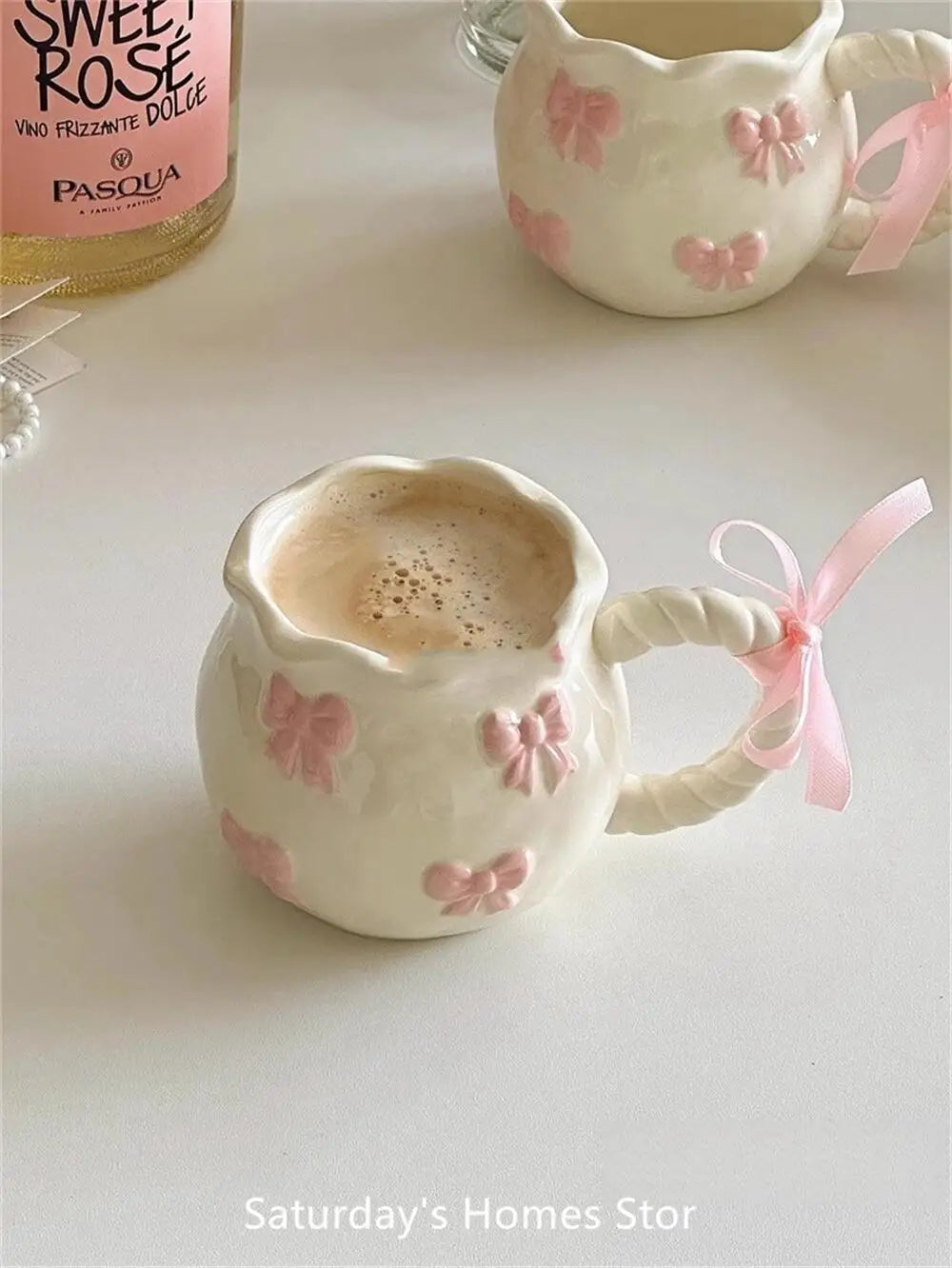 Cute Pink Relief Bow Ceramics Mug Cups Coffee Milk Drinks Ceramics Handle Cup with Box Girls Gift