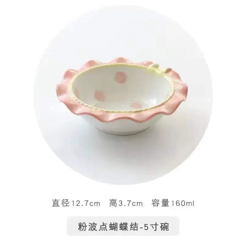 Heart-shaped Bow Wavy Edge Ceramic Dinnerware Set Ideal Cake Presentation, Korean Princess Pastry Platter, Lace-edged Rice Bowls