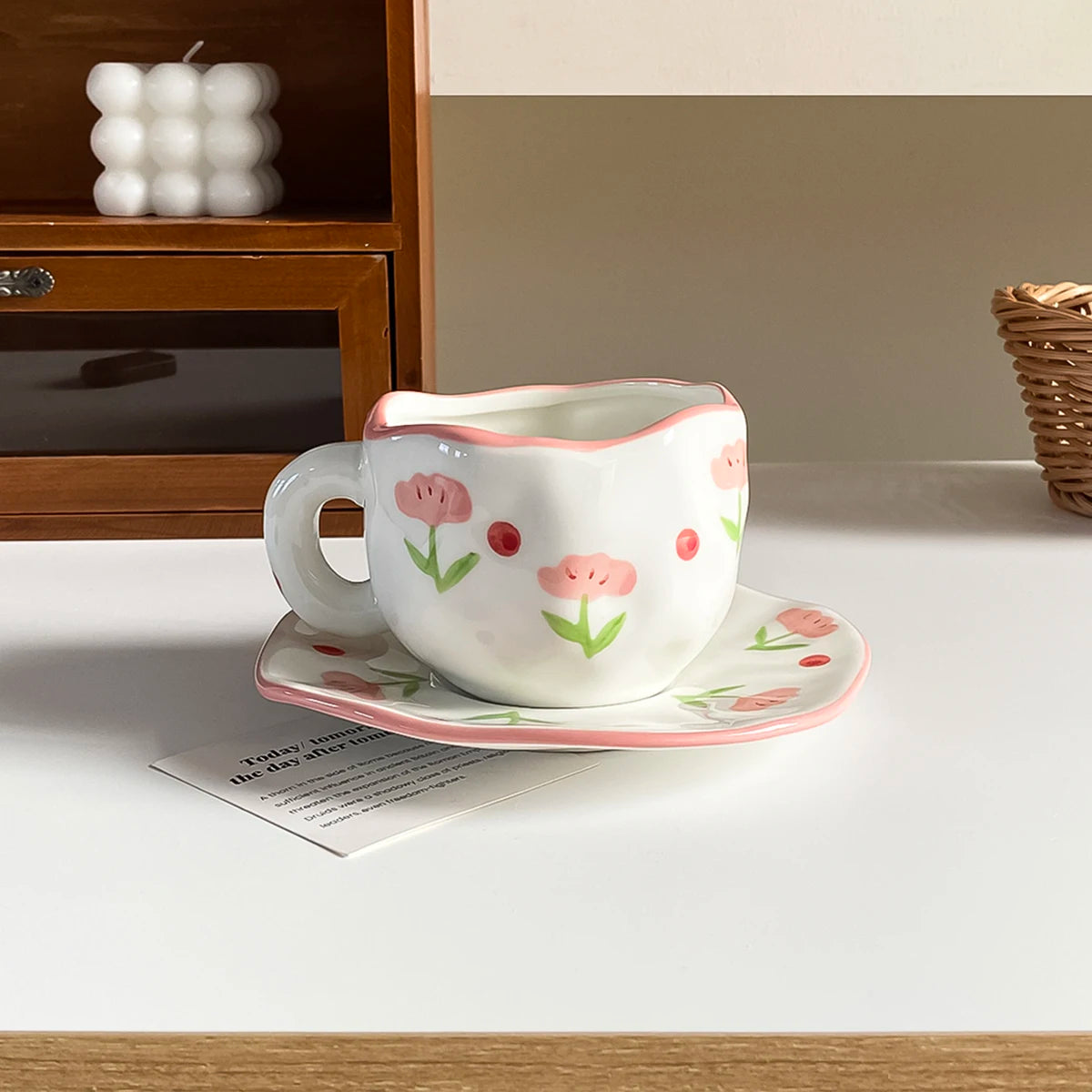 1Pc280Ml Original Design Scandinavian Style Hand-Kneaded Ceramic Coffee Cup and Saucer Multi-Color Plaid Heart Blue Sky and White Clouds Flower Mug Suitable for Afternoon Tea Milk Cup and Saucer Latte Cup Dessert Plate Cup an