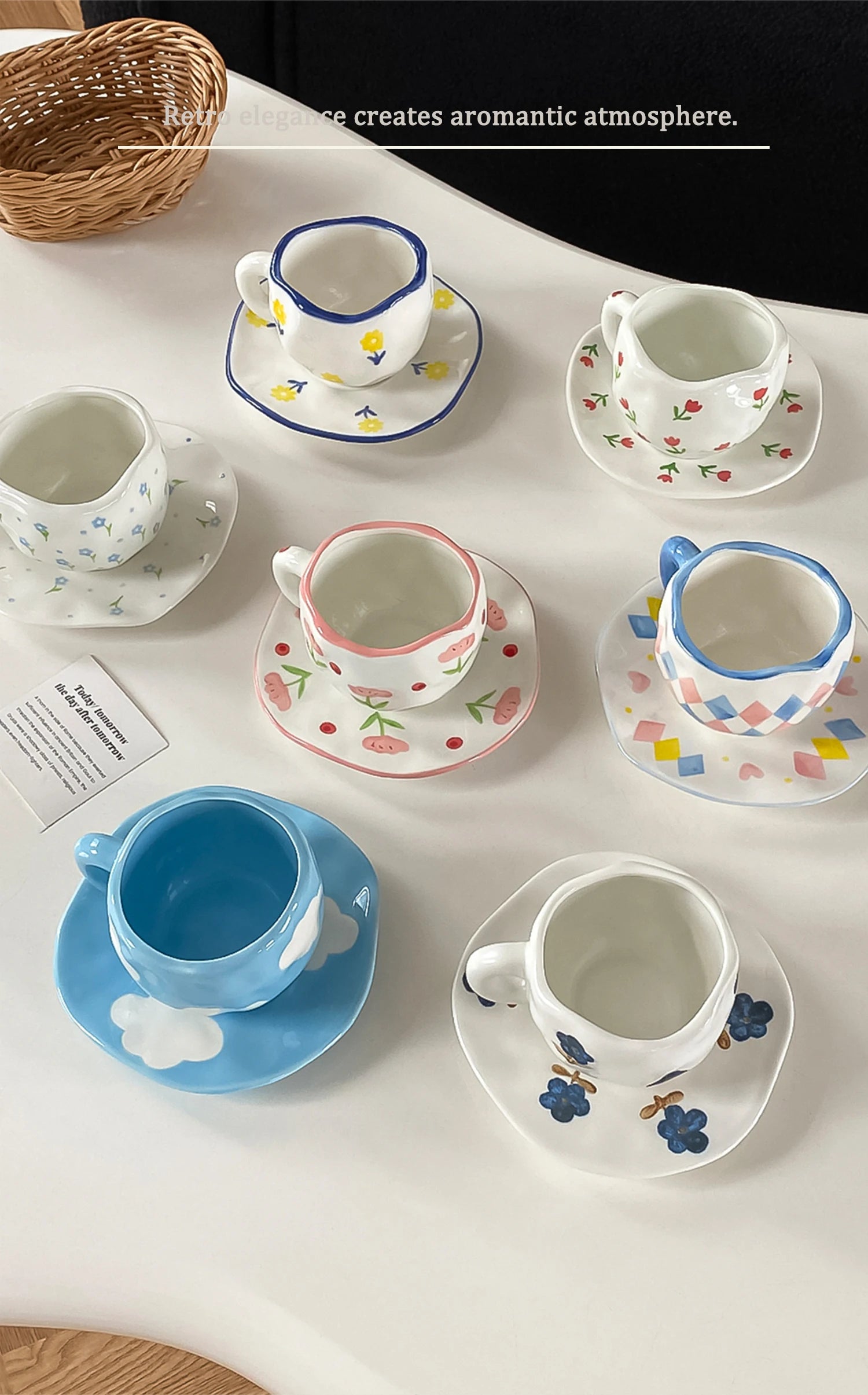 1Pc280Ml Original Design Scandinavian Style Hand-Kneaded Ceramic Coffee Cup and Saucer Multi-Color Plaid Heart Blue Sky and White Clouds Flower Mug Suitable for Afternoon Tea Milk Cup and Saucer Latte Cup Dessert Plate Cup an