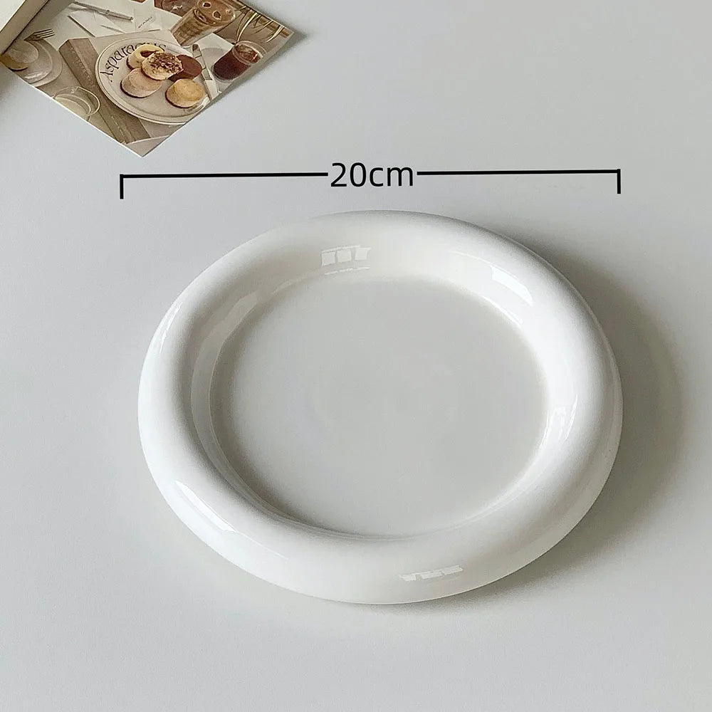 Round Ceramic Food Plate Ins Style Thick-edged Western Food Plate Creative Nordic Tableware Dessert Plate Steak Pasta Plate
