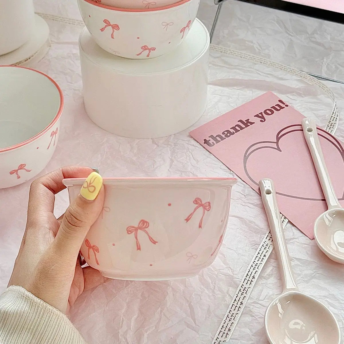 Pink Bow Rice Bowl,Ceramic Bowls Spoons Plates Underglaze Color High Value Tableware Dessert Bowl Set Unique Serving Plate