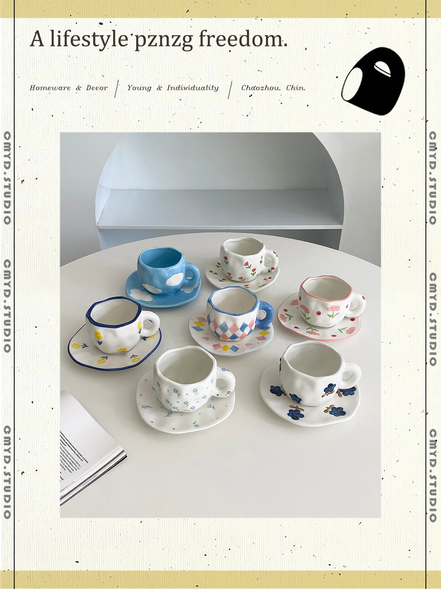 1Pc280Ml Original Design Scandinavian Style Hand-Kneaded Ceramic Coffee Cup and Saucer Multi-Color Plaid Heart Blue Sky and White Clouds Flower Mug Suitable for Afternoon Tea Milk Cup and Saucer Latte Cup Dessert Plate Cup an