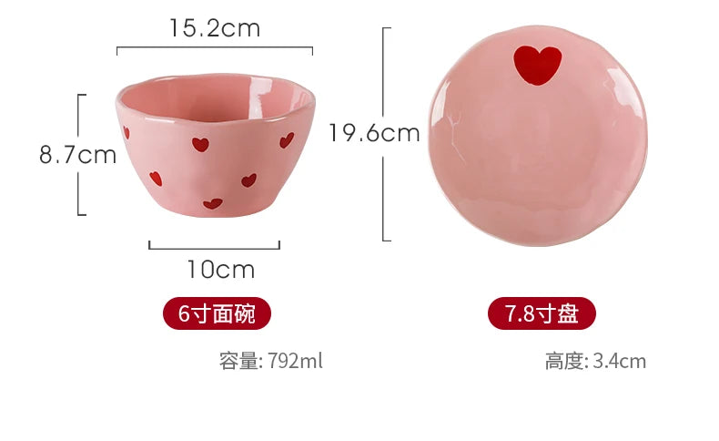 Salad Bowl Pink Heart Pattern Ceramic Plate Coffee Cup Children Dessert Bowl Household Cute Dinner Plates Restaurant Tableware