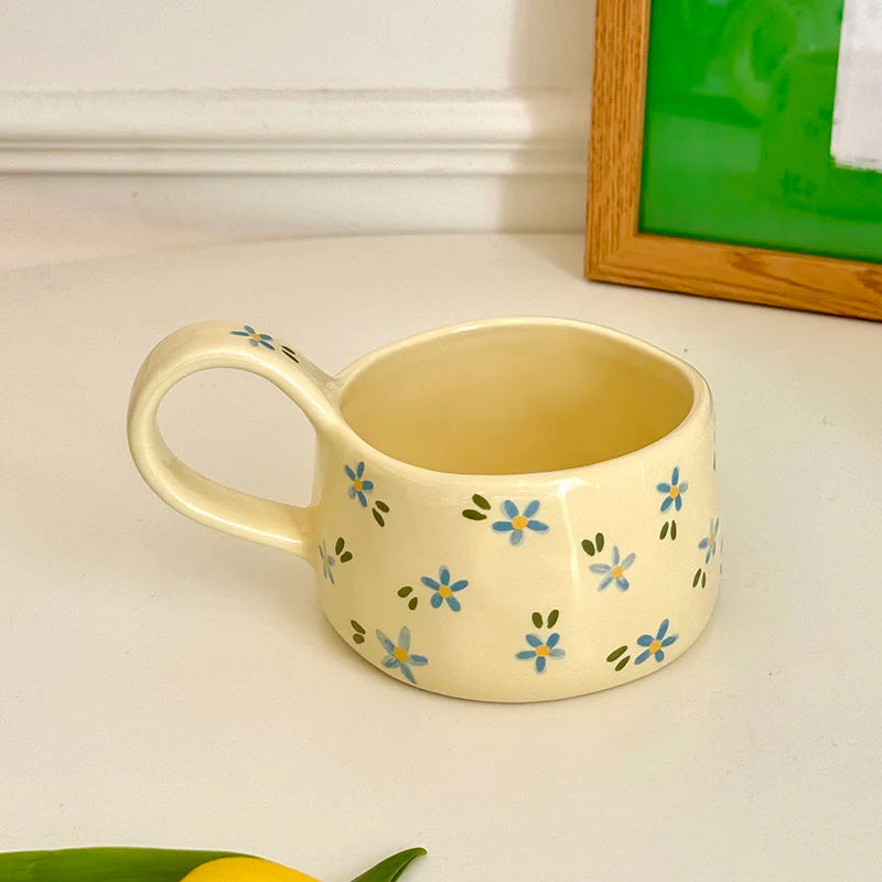 Korean Style Ceramic Mug Cute Hand Pinched Irregular Small Flower Pattern Coffee Cup Breakfast Milk Tea Cups Gift for Kids Girls