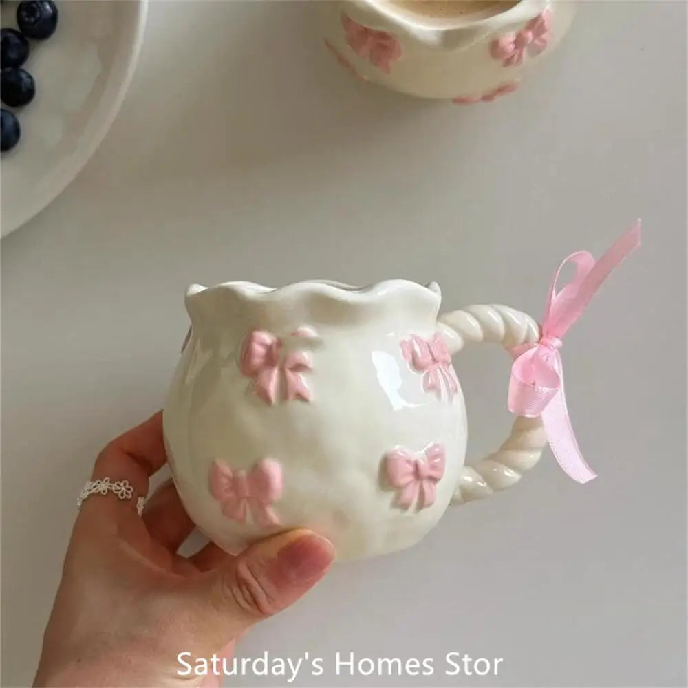 Cute Pink Relief Bow Ceramics Mug Cups Coffee Milk Drinks Ceramics Handle Cup with Box Girls Gift