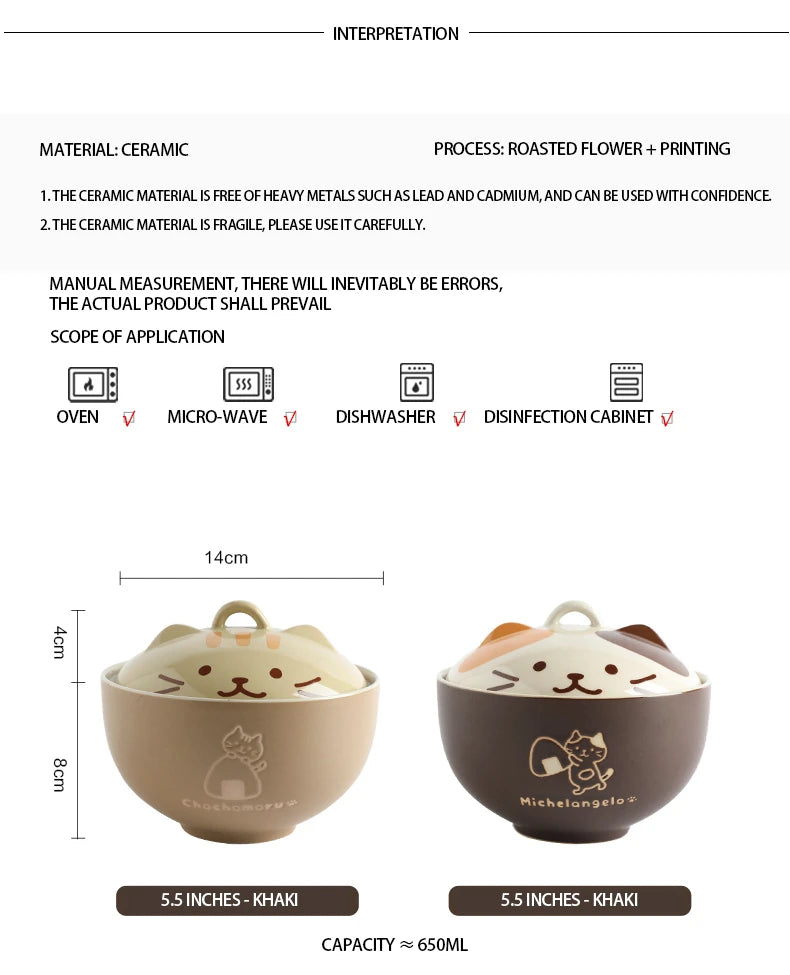 Japanese Cute Cat Cover Bowl Ceramic Soup Bowl Kawaii Instant Noodle Ramen Salad Baby Bowls Child Cartoon Decorative Dinnerware