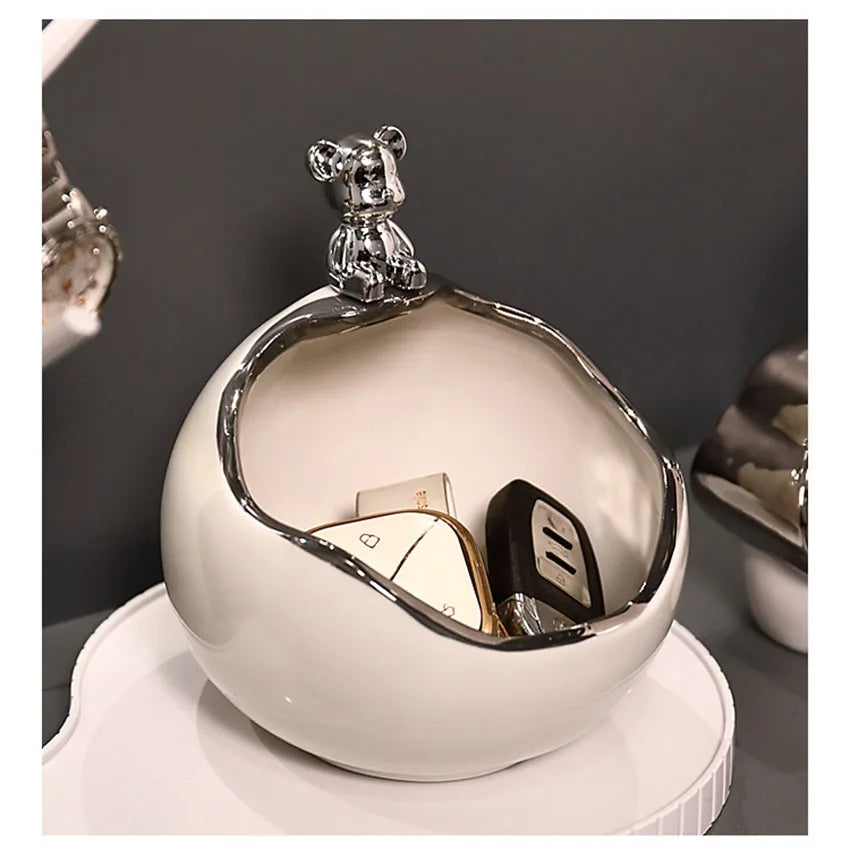 Ceramic Bear Tray Statue Accessory Storage Key Holder Candy Bowl Jewelry Earrings Suitable for Home Modern Table Office Decor