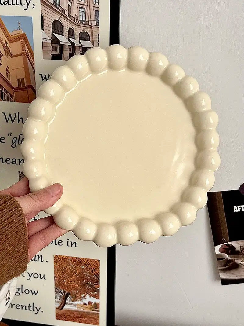 Cream Ins Ceramic Plate Bead Ordering Plate Milk Whisper Korean Wind Bead Edge Dessert Plate Breakfast Dish Home Tableware