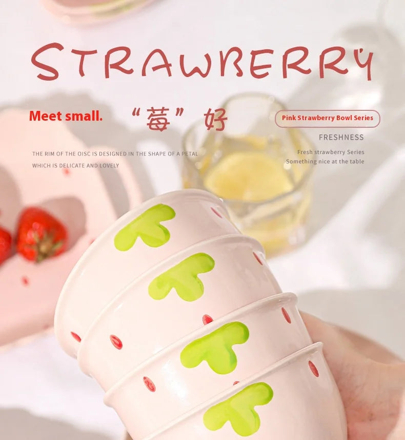 Cute Strawberry Ceramic Bowl Set For Home Use High Aesthetic Instant Noodles Salad Dessert Dining Tableware Kitchen Supplies