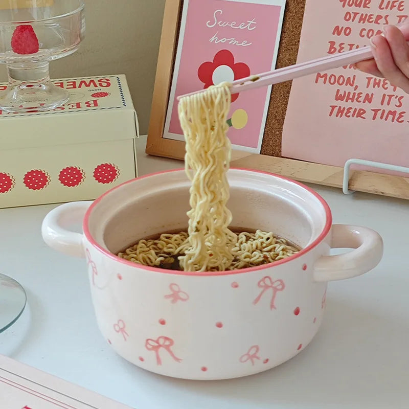 3Pcs Bow Ceramic Instant Noodle Bowl with Lid, High-Looking Double-Ear Instant Noodle Bowl with Lid and Large Capacity, Pink Girly Heart Ceramic Bowl for Home Daily Use, Party, Office Instant Noodle Bowl, Outdoor Camping Styl