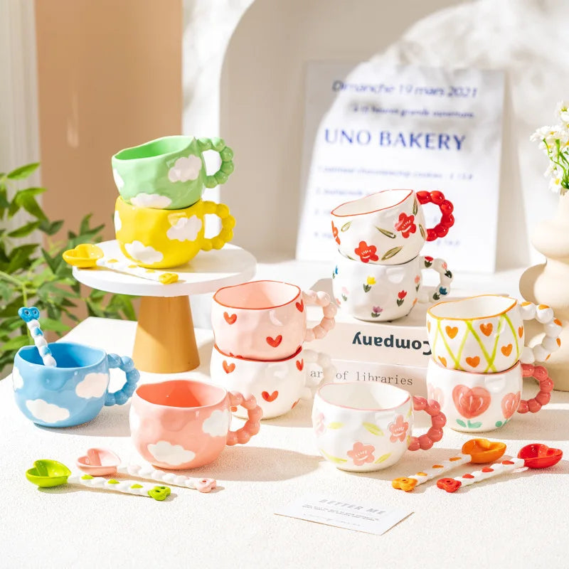 Cute Ceramic Mugs Cloud Heart Pattern Coffee Cups Flower Milk Tea Cup 250ML Drinkware Kitchen