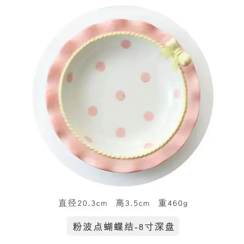 Heart-shaped Bow Wavy Edge Ceramic Dinnerware Set Ideal Cake Presentation, Korean Princess Pastry Platter, Lace-edged Rice Bowls