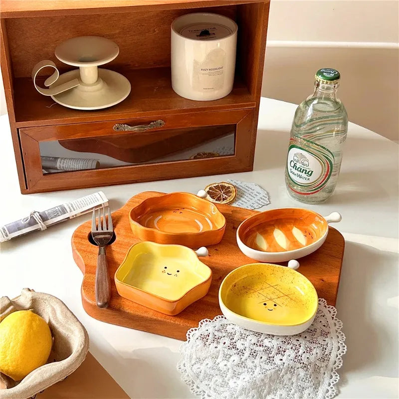 4pcs ceramic side dishes, small dipping saucers, mini small plates, cute bread shape tableware