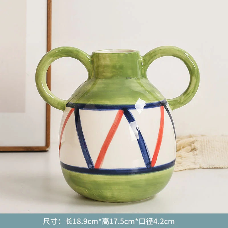 Fun Hand-painted Ceramic Flower Vase With Two Ears Living Room Decoration Accessories Decoración Hogar Home Decor Table Vases