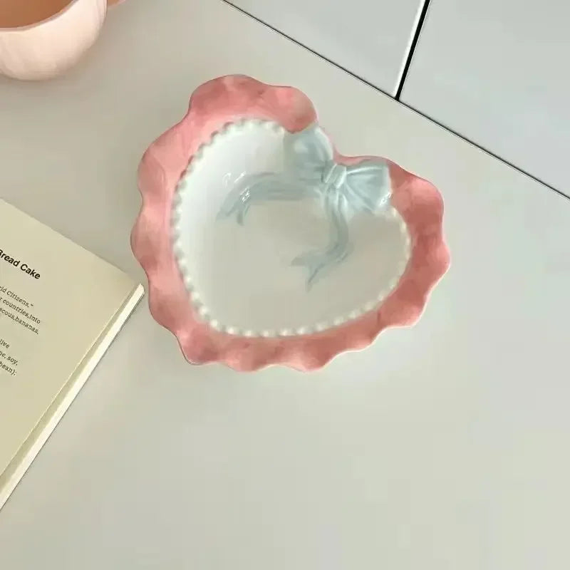 Heart-shaped Bow Wavy Edge Ceramic Dinnerware Set Ideal Cake Presentation, Korean Princess Pastry Platter, Lace-edged Rice Bowls