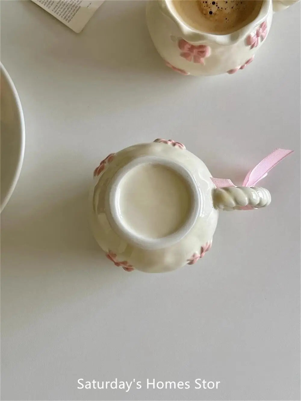 Cute Pink Relief Bow Ceramics Mug Cups Coffee Milk Drinks Ceramics Handle Cup with Box Girls Gift