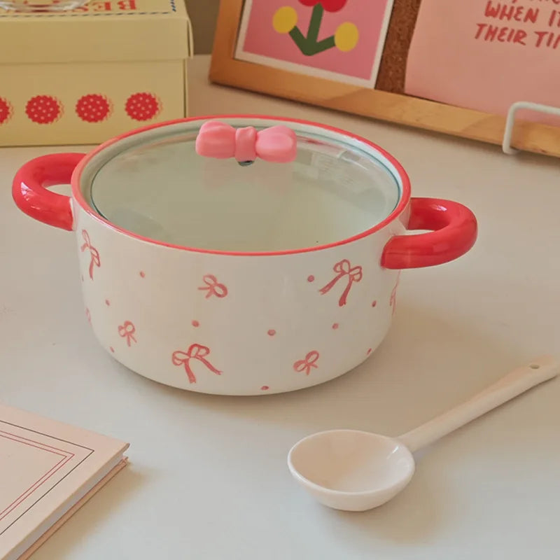 3Pcs Bow Ceramic Instant Noodle Bowl with Lid, High-Looking Double-Ear Instant Noodle Bowl with Lid and Large Capacity, Pink Girly Heart Ceramic Bowl for Home Daily Use, Party, Office Instant Noodle Bowl, Outdoor Camping Styl