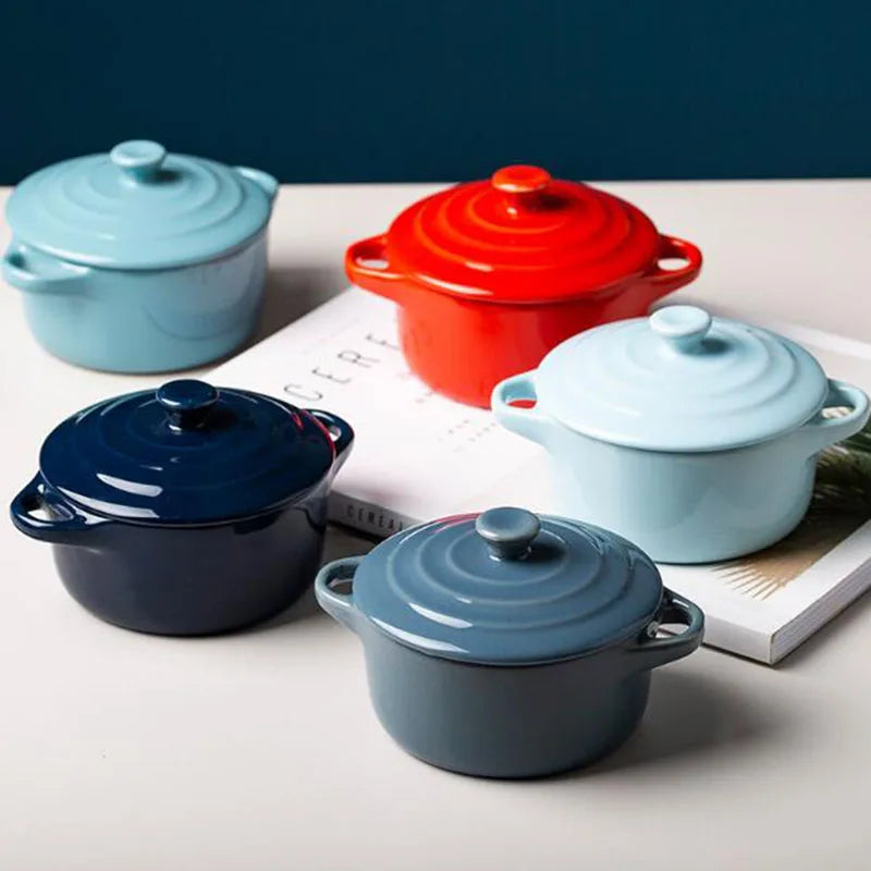 Ceramic Glazed Double Ear Bowl with Lid Microwave Oven Baking Bowl Breskfast Steamed Egg Pudding Bowl 200ml Kitchen Tableware