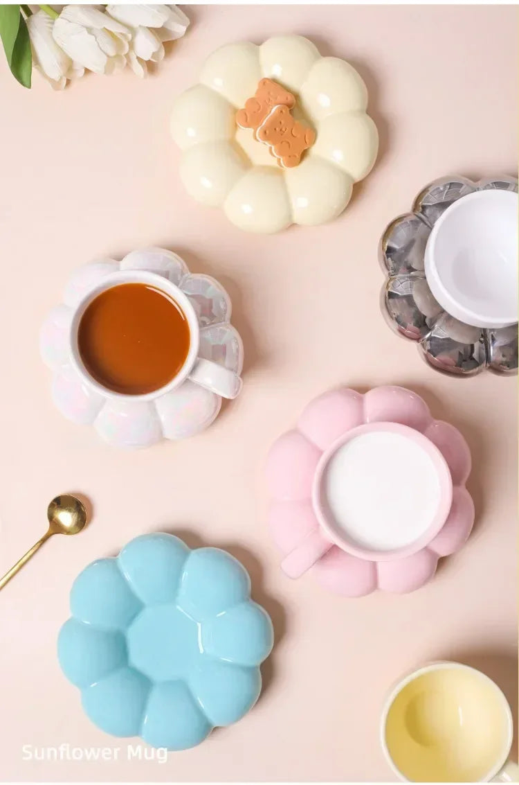 Ceramic Cloud-Shaped Coffee Cup Creative Sunflower Saucer Unique Office Afternoon Tea Mug Exquisite Milk Cups Kitchen Drinkware