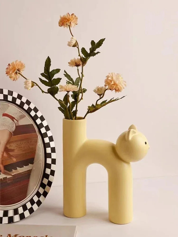Ceramic Flower Vase H-shaped Cute Tubular Kawaii Cat Vase Room Home Desktop Decoration Room Decor Art Ornament Gift Flowerpot