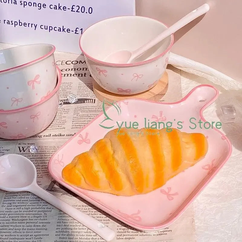 Pink Bow Ceramic Cutlery Set, Dessert Home Tableware Ceramic Handle Bowl Yogurt Cup High Value Breakfast Plate Drinkware