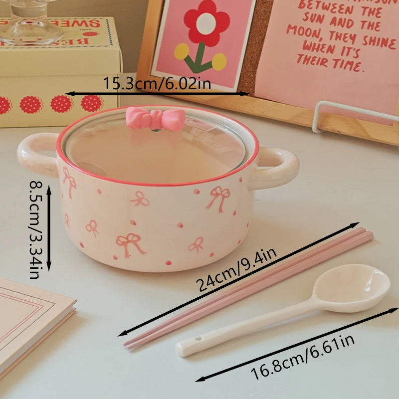 3Pcs Bow Ceramic Instant Noodle Bowl with Lid, High-Looking Double-Ear Instant Noodle Bowl with Lid and Large Capacity, Pink Girly Heart Ceramic Bowl for Home Daily Use, Party, Office Instant Noodle Bowl, Outdoor Camping Styl