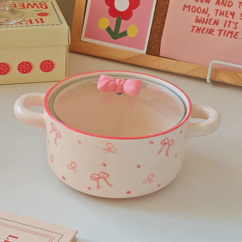 3Pcs Bow Ceramic Instant Noodle Bowl with Lid, High-Looking Double-Ear Instant Noodle Bowl with Lid and Large Capacity, Pink Girly Heart Ceramic Bowl for Home Daily Use, Party, Office Instant Noodle Bowl, Outdoor Camping Styl