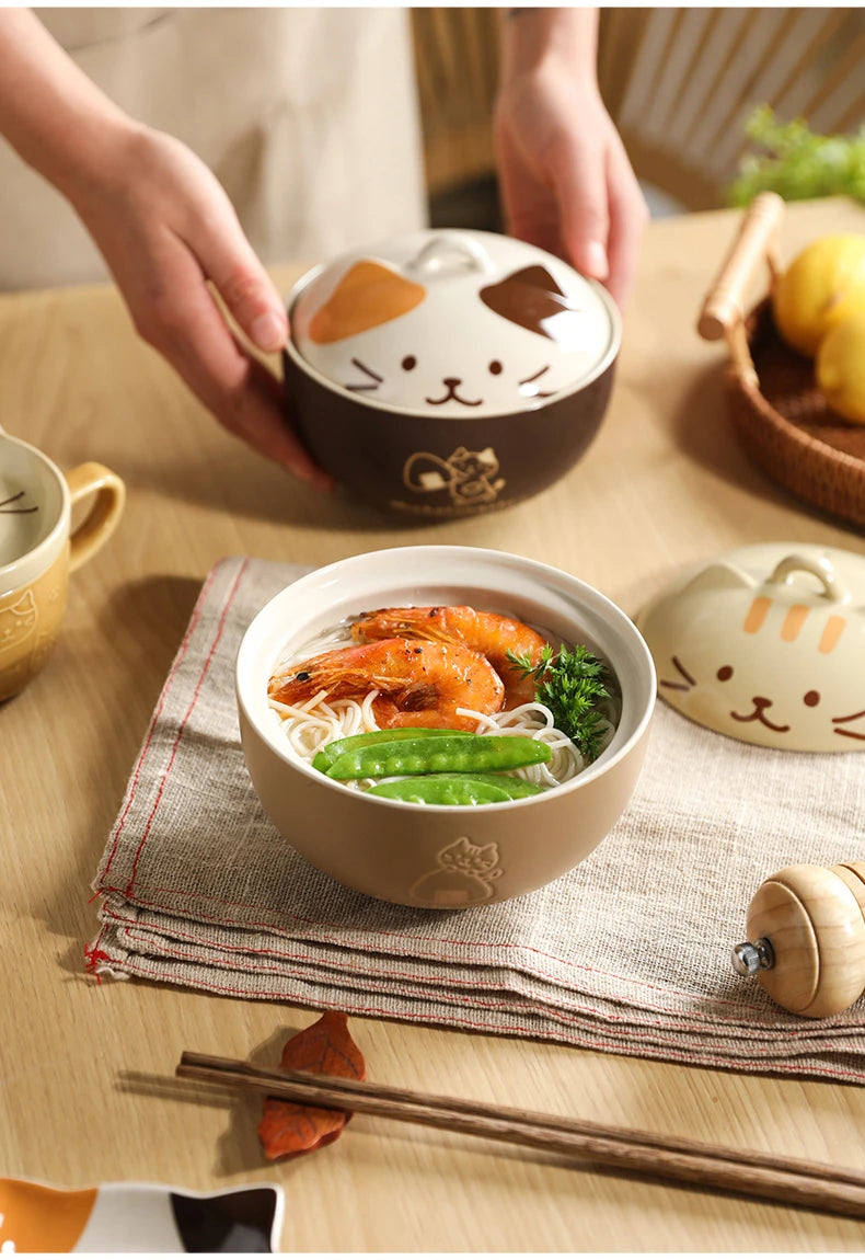 Japanese Cute Cat Cover Bowl Ceramic Soup Bowl Kawaii Instant Noodle Ramen Salad Baby Bowls Child Cartoon Decorative Dinnerware