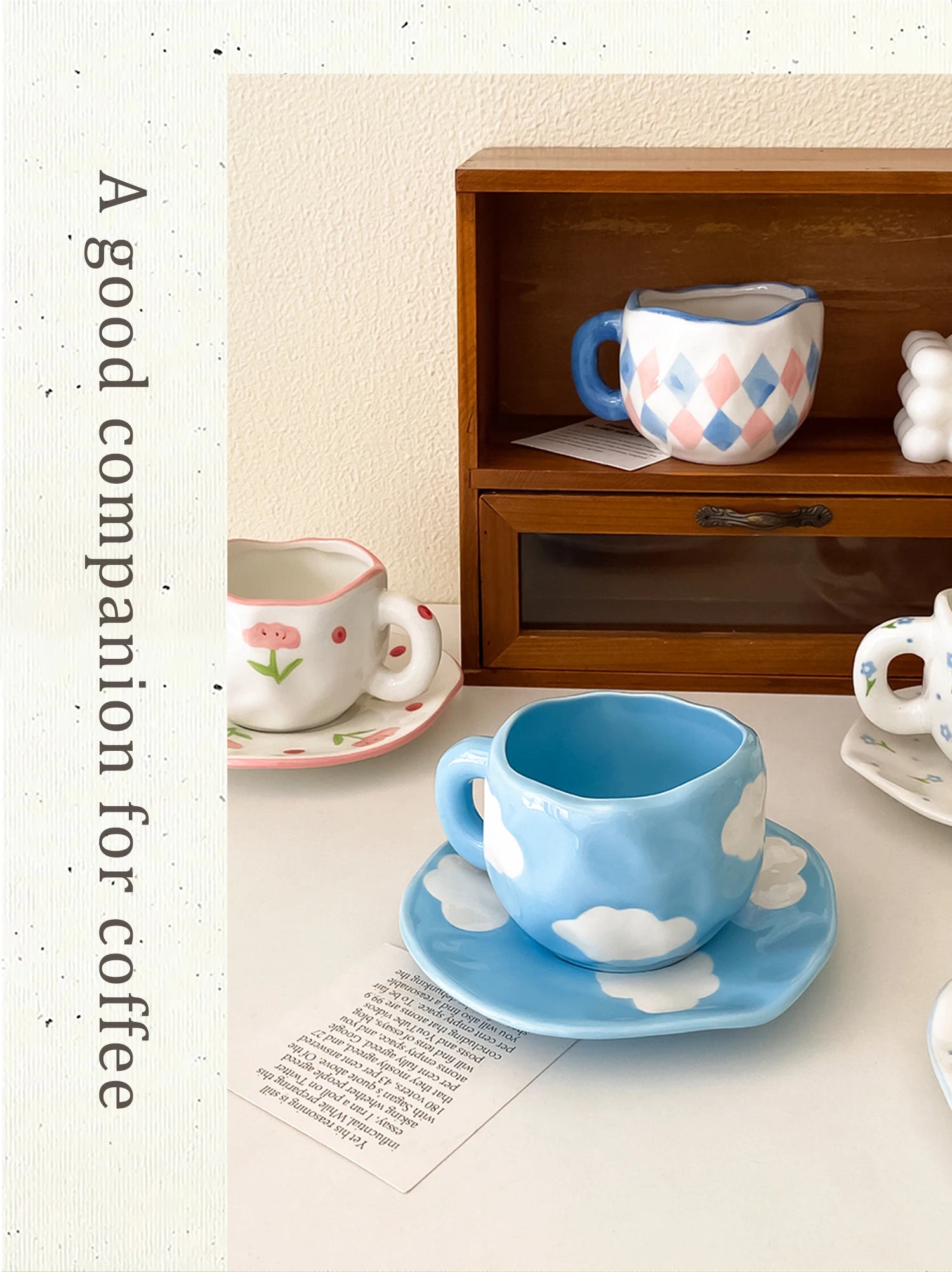 1Pc280Ml Original Design Scandinavian Style Hand-Kneaded Ceramic Coffee Cup and Saucer Multi-Color Plaid Heart Blue Sky and White Clouds Flower Mug Suitable for Afternoon Tea Milk Cup and Saucer Latte Cup Dessert Plate Cup an
