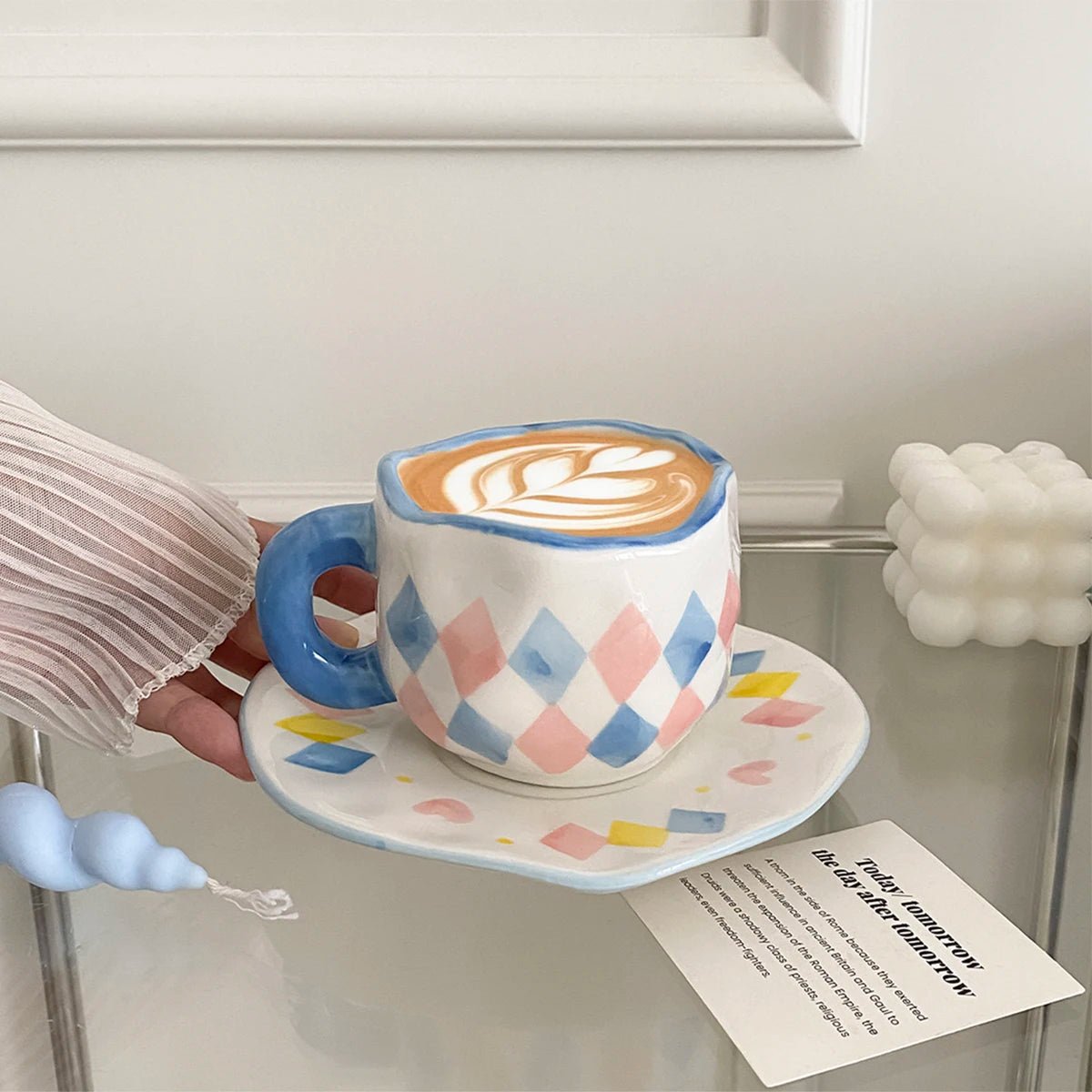 1Pc280Ml Original Design Scandinavian Style Hand-Kneaded Ceramic Coffee Cup and Saucer Multi-Color Plaid Heart Blue Sky and White Clouds Flower Mug Suitable for Afternoon Tea Milk Cup and Saucer Latte Cup Dessert Plate Cup an