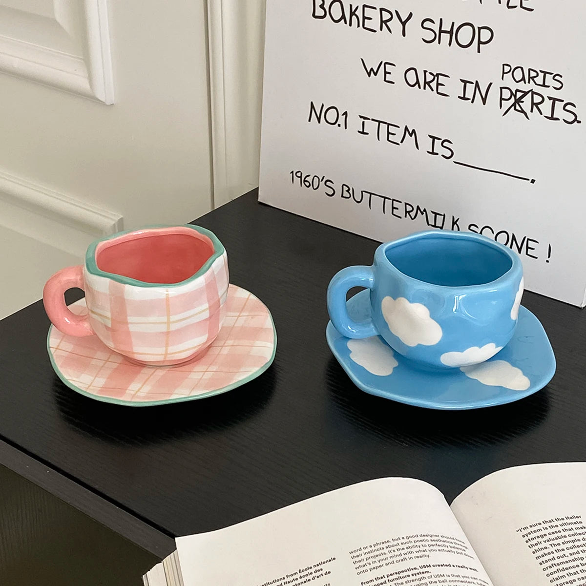 1Pc280Ml Original Design Scandinavian Style Hand-Kneaded Ceramic Coffee Cup and Saucer Multi-Color Plaid Heart Blue Sky and White Clouds Flower Mug Suitable for Afternoon Tea Milk Cup and Saucer Latte Cup Dessert Plate Cup an