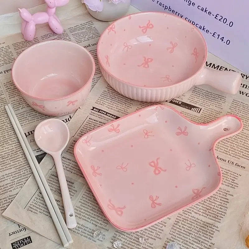 Pink Bow Ceramic Cutlery Set, Dessert Home Tableware Ceramic Handle Bowl Yogurt Cup High Value Breakfast Plate Drinkware