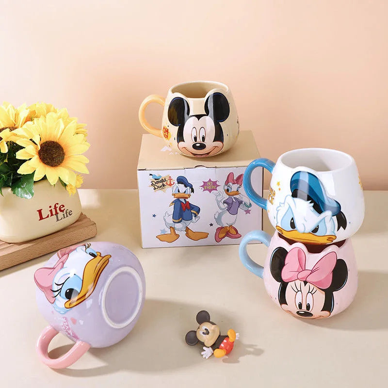 Hot Disney Mickey Mouse Minnie Coffee Mugs Cute Cartoon Donald Milk Mugs Creative Mugs Handle Kids Water Cup With Handgrip 450ml