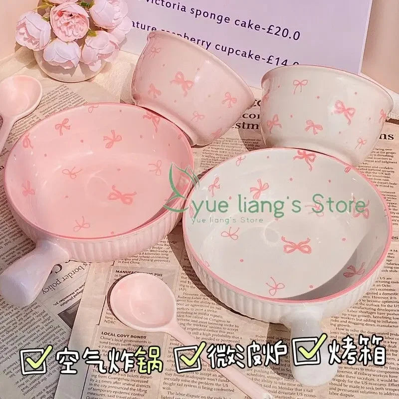 Pink Bow Ceramic Cutlery Set, Dessert Home Tableware Ceramic Handle Bowl Yogurt Cup High Value Breakfast Plate Drinkware