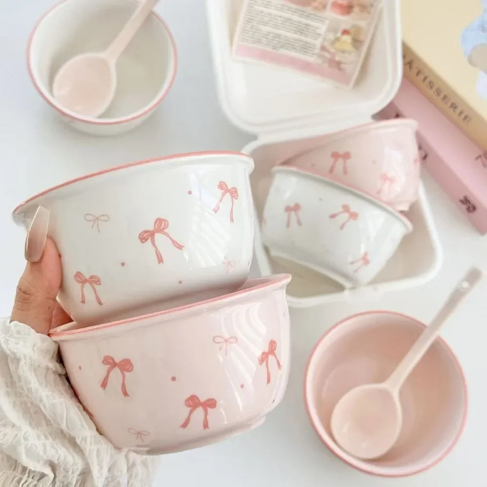 Pink Bow Rice Bowl,Ceramic Bowls Spoons Plates Underglaze Color High Value Tableware Dessert Bowl Set Unique Serving Plate