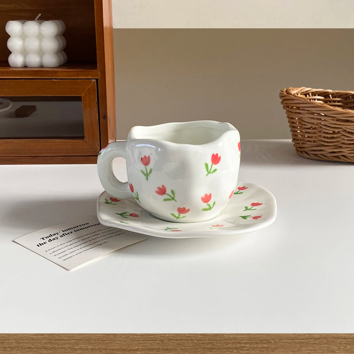1Pc280Ml Original Design Scandinavian Style Hand-Kneaded Ceramic Coffee Cup and Saucer Multi-Color Plaid Heart Blue Sky and White Clouds Flower Mug Suitable for Afternoon Tea Milk Cup and Saucer Latte Cup Dessert Plate Cup an