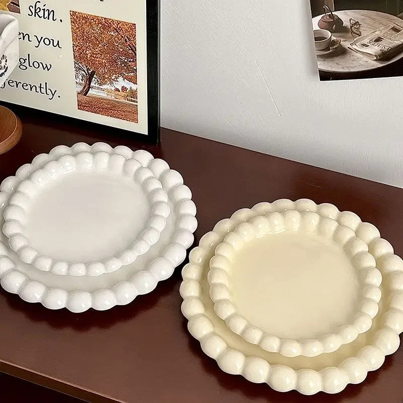 Cream Ins Ceramic Plate Bead Ordering Plate Milk Whisper Korean Wind Bead Edge Dessert Plate Breakfast Dish Home Tableware