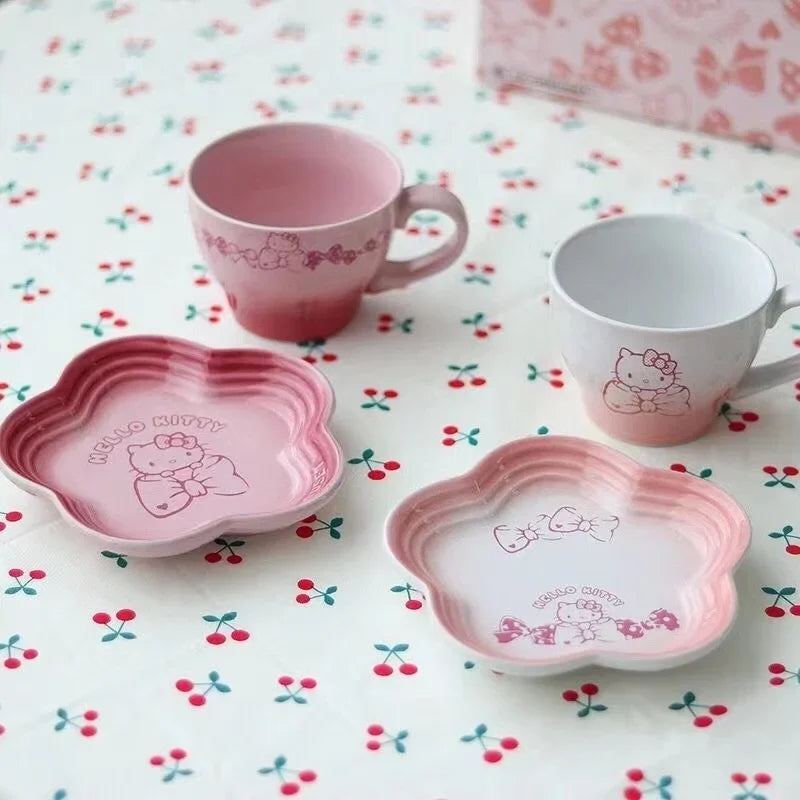 Cartoon Kitty Children Tableware Set Pink Ceramic Dinner Plate Dish Plate Tea Cup Cat Plate Cute Meal Kitchen Home Household