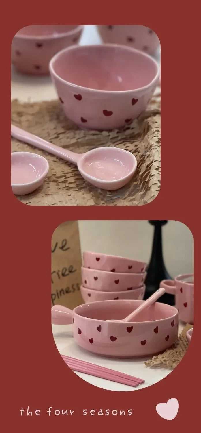 Pink Love Cutlery Set Rice Bowl Household Ceramic Double Ear Instant Noodle Soup Bowl Hand Paired Spoon Combination Noodle Bowl