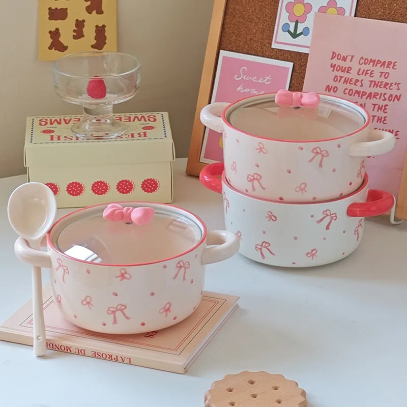 3Pcs Bow Ceramic Instant Noodle Bowl with Lid, High-Looking Double-Ear Instant Noodle Bowl with Lid and Large Capacity, Pink Girly Heart Ceramic Bowl for Home Daily Use, Party, Office Instant Noodle Bowl, Outdoor Camping Styl