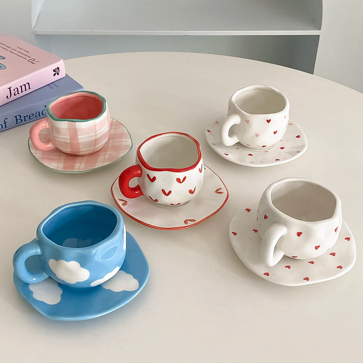 1Pc280Ml Original Design Scandinavian Style Hand-Kneaded Ceramic Coffee Cup and Saucer Multi-Color Plaid Heart Blue Sky and White Clouds Flower Mug Suitable for Afternoon Tea Milk Cup and Saucer Latte Cup Dessert Plate Cup an