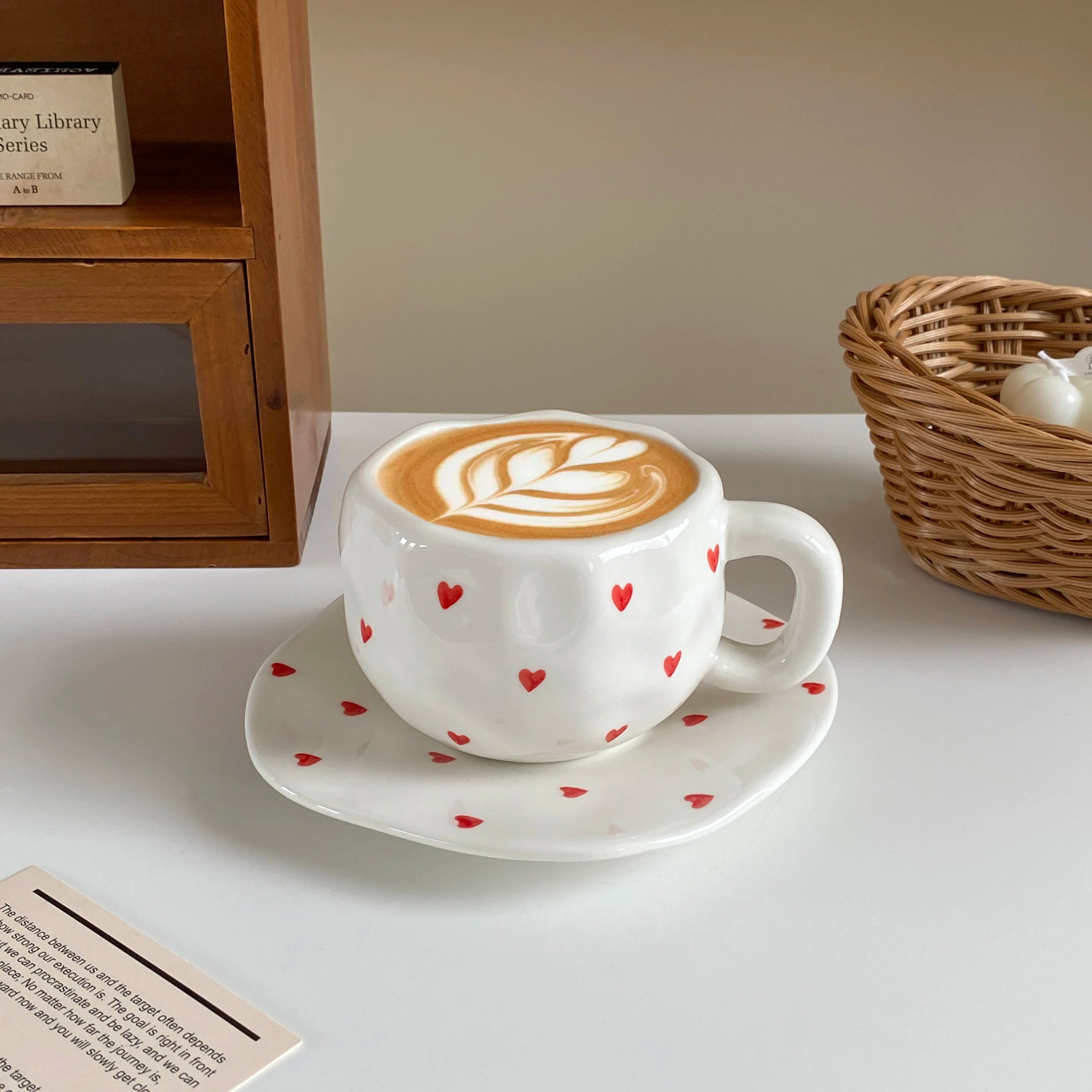 1Pc280Ml Original Design Scandinavian Style Hand-Kneaded Ceramic Coffee Cup and Saucer Multi-Color Plaid Heart Blue Sky and White Clouds Flower Mug Suitable for Afternoon Tea Milk Cup and Saucer Latte Cup Dessert Plate Cup an