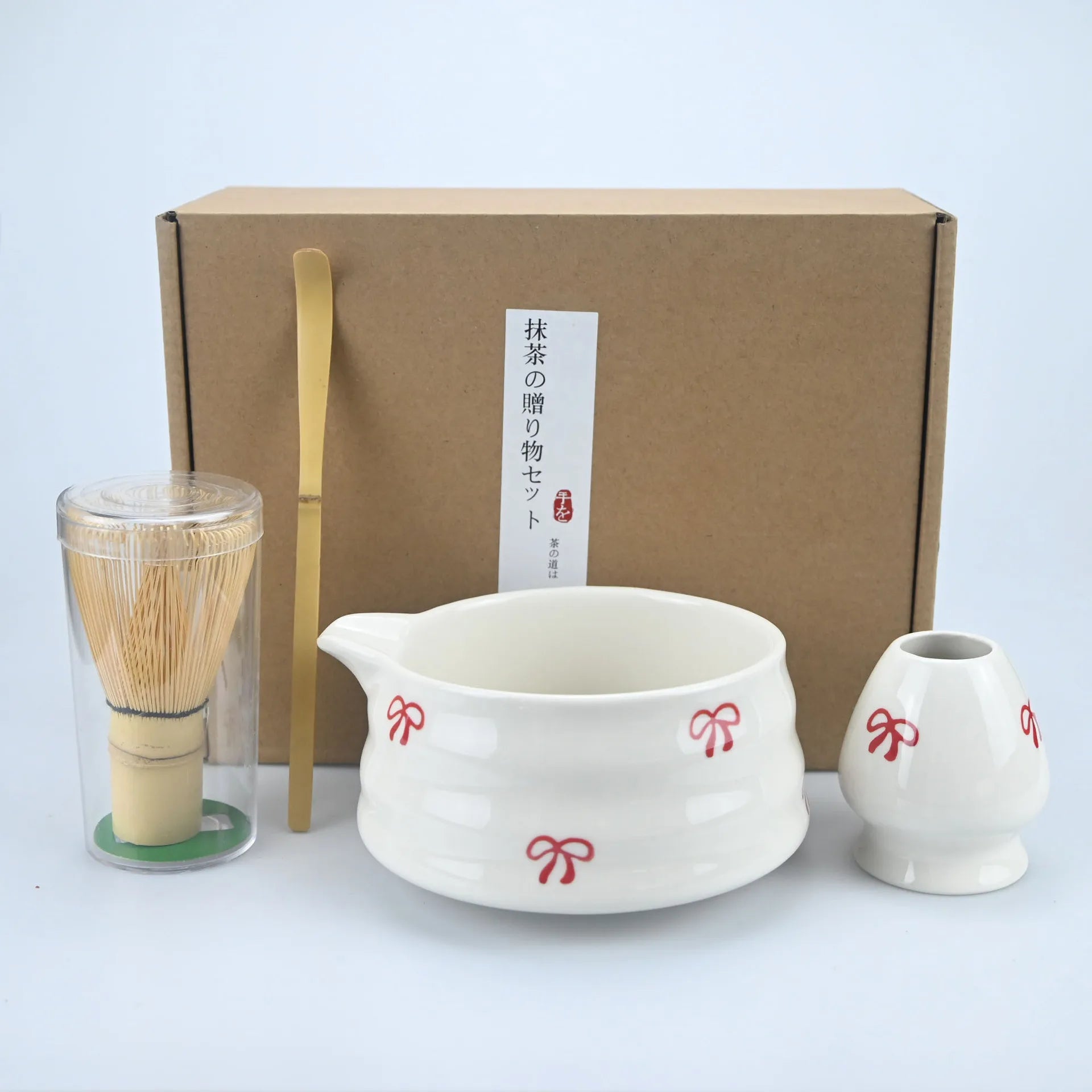 5 pieces of white bow decal ceramic matcha set, matcha set includes matcha bowl, matcha mixer and holder, bamboo spoon, sieve