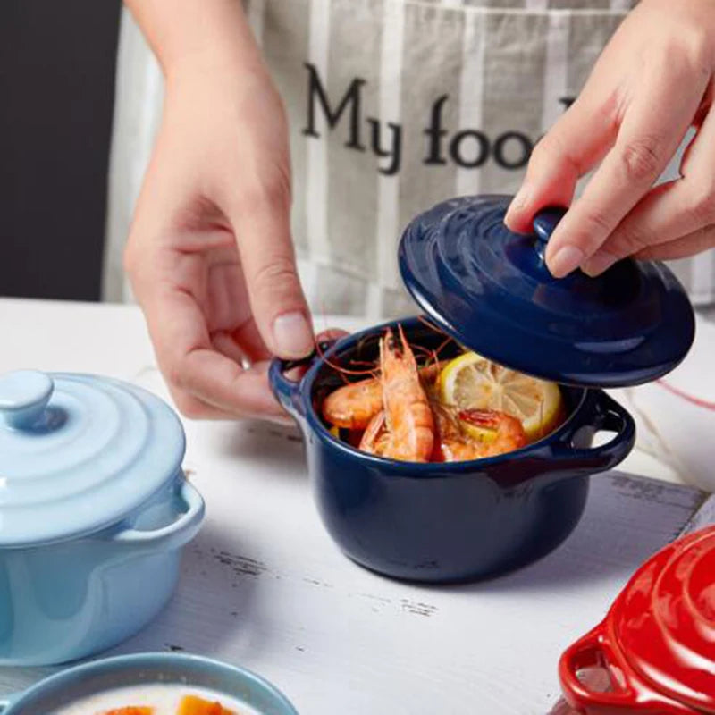 Ceramic Glazed Double Ear Bowl with Lid Microwave Oven Baking Bowl Breskfast Steamed Egg Pudding Bowl 200ml Kitchen Tableware