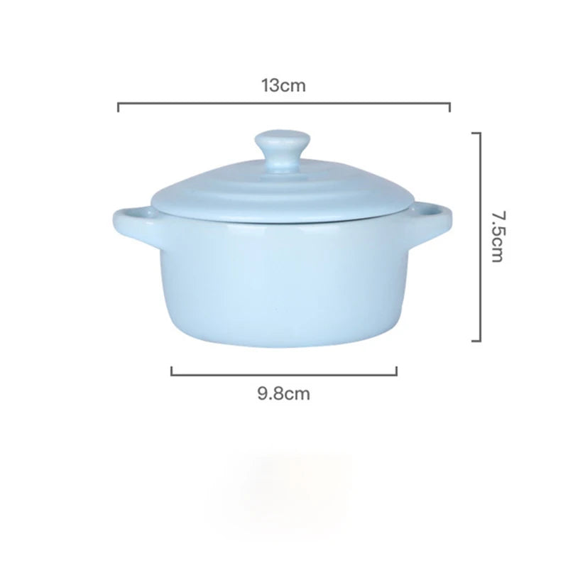 Ceramic Glazed Double Ear Bowl with Lid Microwave Oven Baking Bowl Breskfast Steamed Egg Pudding Bowl 200ml Kitchen Tableware