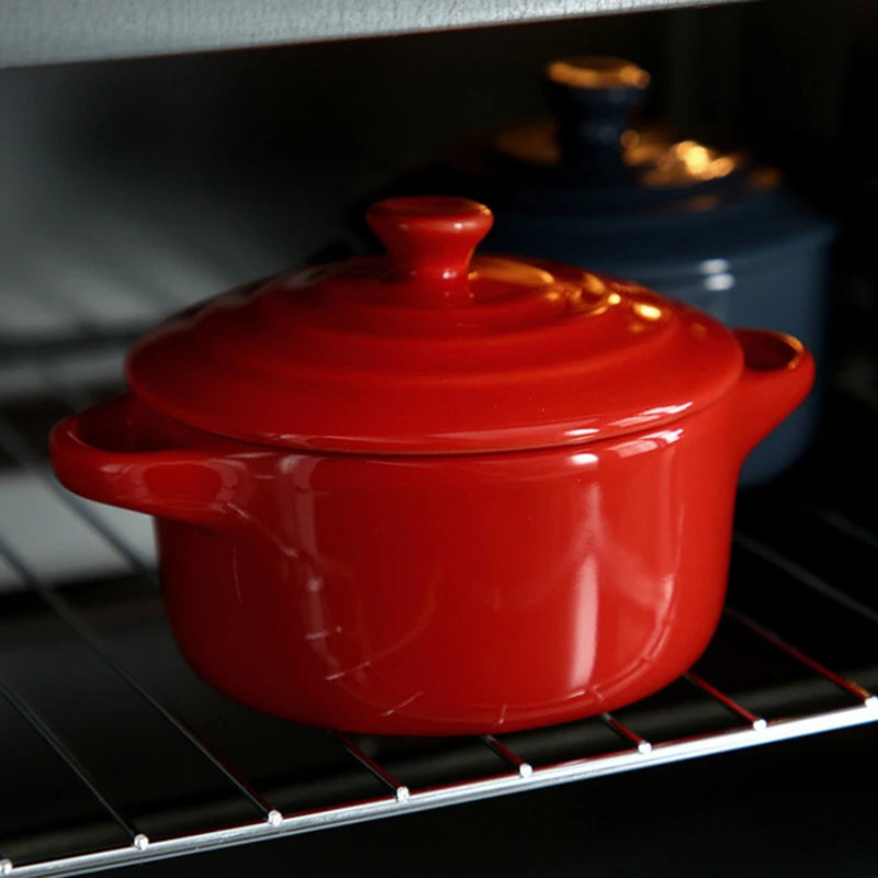 Ceramic Glazed Double Ear Bowl with Lid Microwave Oven Baking Bowl Breskfast Steamed Egg Pudding Bowl 200ml Kitchen Tableware