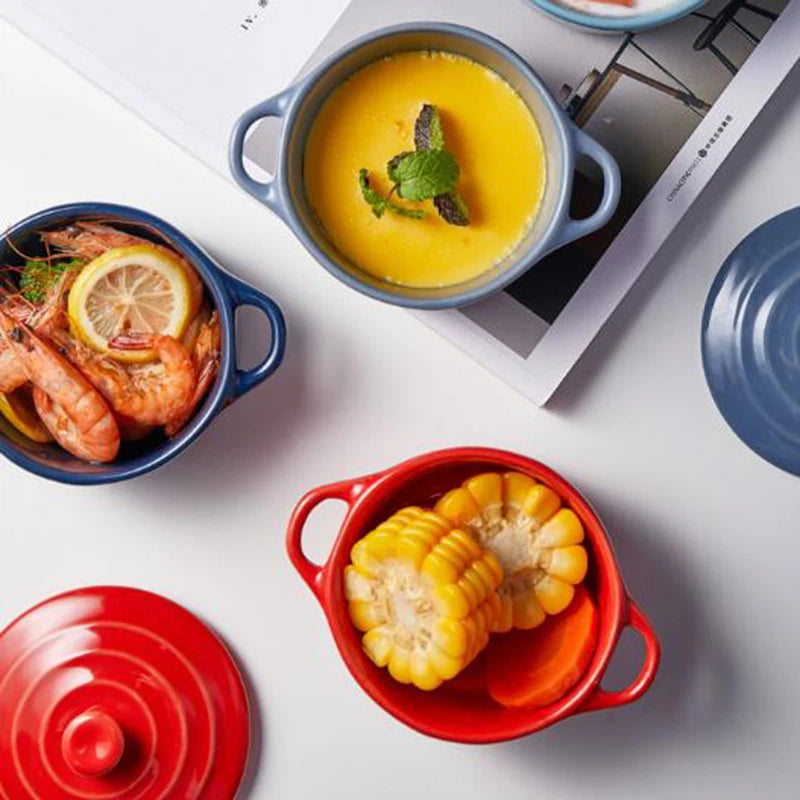 Ceramic Glazed Double Ear Bowl with Lid Microwave Oven Baking Bowl Breskfast Steamed Egg Pudding Bowl 200ml Kitchen Tableware