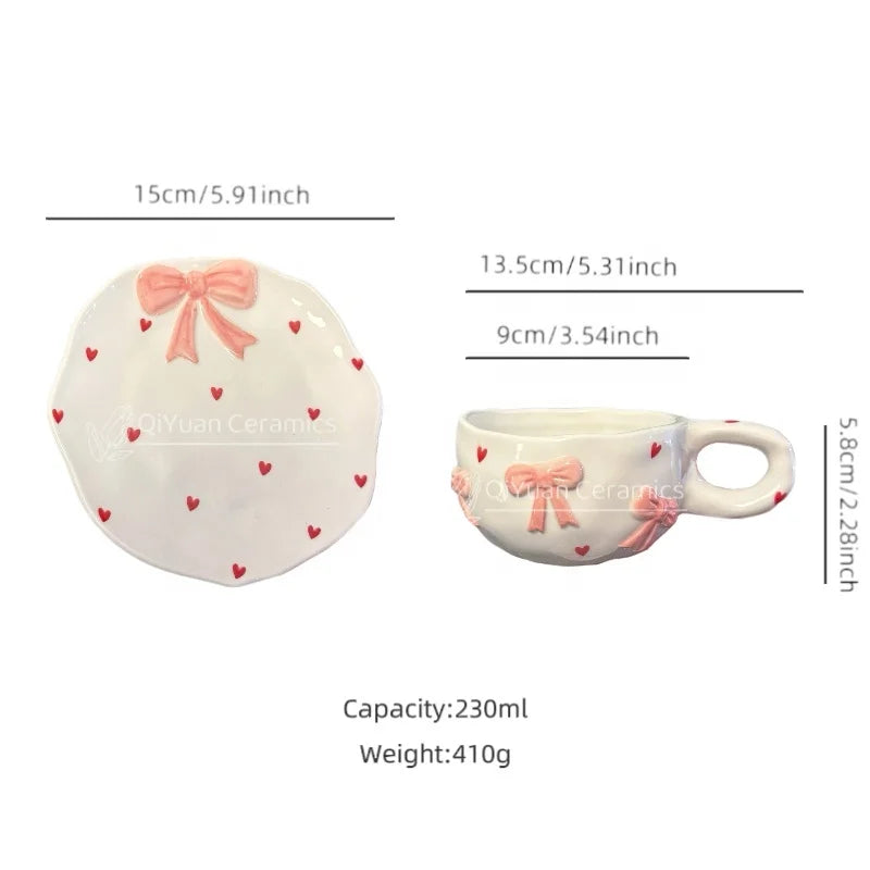 Ins New Design Chic Embossing Bow Ceramic Coffee Cup and Dish Set for Gifts 230ml Porcelain Cupcake Afternoon Tea Cups