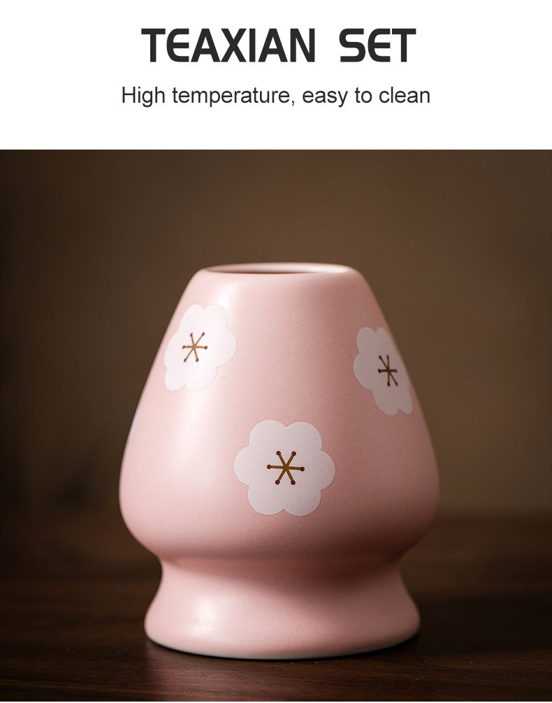 5PCS Flowers Pink Ceramic Bowl Matcha Tea Set Gift Box Safe Bamboo Brush Teaspoon Whisk Holder Matcha DIY-Making Tools ﻿